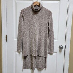 EZRA Sweater Women M Heather Gray Tan Stretch Knit Turtleneck Hi Low Long Sleeve